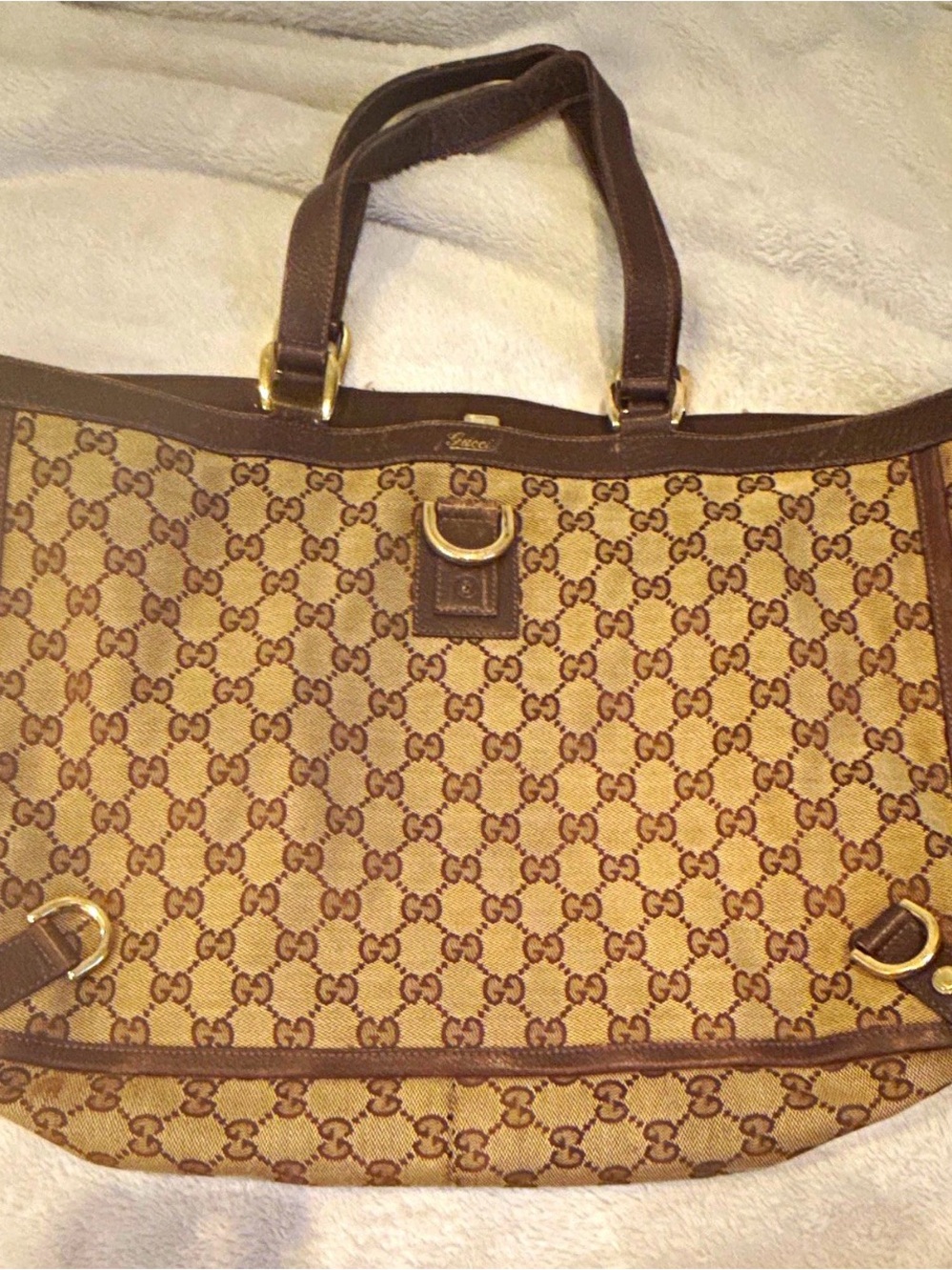Gucci Beige Brown GG Canvas Tote with Leather Trim